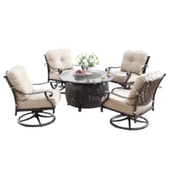 Oakland Living 5pc Deep Seating Swivel Aluminum Outdoor Patio Fire Pit Dining Set With Round Fire Table Copper