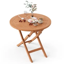 Costway 31.5'' Patio Round Folding Dining Table Solid Teak Wood Natural Outdoor Portable -Garden & Outdoors GUEST 03d8508d d345 4b5e a620 8400449411c1