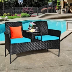 Costway Patio Rattan Conversation Set Seat Sofa Cushioned Loveseat Glass Table Chair RedTurquoise -Garden & Outdoors GUEST 045077cd 69dc 4878 9baf d59b5611bcee
