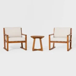 Saracina Home 3pc Modern Slat-Back Acacia Outdoor Conversation Set With Cushions -Garden & Outdoors GUEST 051bd24b e509 42d0 a30a 0bac2d263977