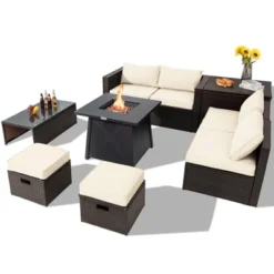 Tangkula 9PCS Outdoor Patio Furniture Set With 30" Propane Fire Pit Table PE Wicker Space-Saving Sectional Sofa Set W/ Storage Box & Cushions -Garden & Outdoors GUEST 0976d6b2 2502 4893 bd81 821c6d21a2e6