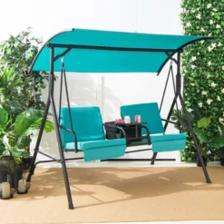 Costway 2-Person Canopy Porch Swing Padded Chair Cooler Bag Rotatable Tray TurquoiseBeigeBlack -Garden & Outdoors GUEST 097e4a15 182d 4023 9c9c ed5fcb169ebd