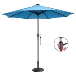 9-Foot Patio Umbrella - Deck Shade With Solar Powered LED Lights, Push Button Tilt, And Fade Resistant, UV Protection Canopy By Villacera (Blue)