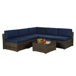 3pc Outdoor Rattan Wicker Conversation Set With Accent Table & Sectional - Brown/Blue - GODEER -Garden & Outdoors GUEST 0cc5d1cb 1df8 49f6 a661 78a4bc53f6fd