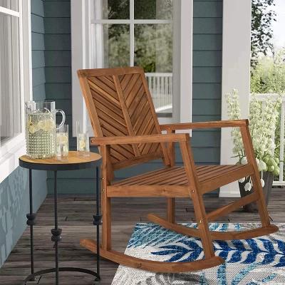 Ned Modern Chevron-Back Acacia Wood Patio Outdoor Rocking Chair - JONATHAN Y 3 Ned Modern Chevron-Back Acacia Wood Patio Outdoor Rocking Chair - JONATHAN Y