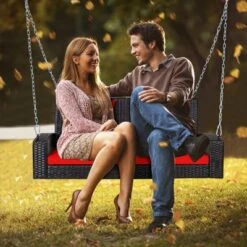 Tangkula Outdoor Wicker Porch Swing Bench 2-Person Patio Rattan Swing Chair W/ Soft Cushions White/Turquoise/Red/Black -Garden & Outdoors GUEST 0f1843ee b5be 474b a332 620b2b7741df