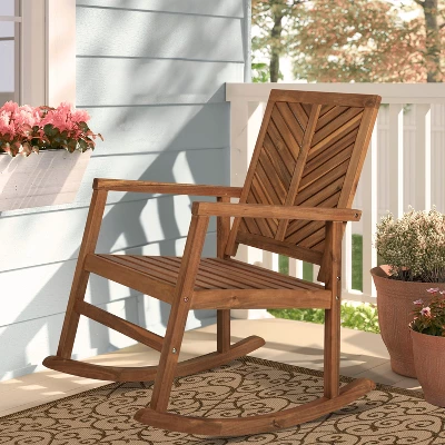 Ned Modern Chevron-Back Acacia Wood Patio Outdoor Rocking Chair - JONATHAN Y 4 Ned Modern Chevron-Back Acacia Wood Patio Outdoor Rocking Chair - JONATHAN Y - Image 2