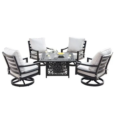 5pc Outdoor Dining Set With 42" Aluminum Square Damask Design Fire Table & Deep Seating Swivel Rocking Chairs - Oakland Living 3 5pc Outdoor Dining Set With 42" Aluminum Square Damask Design Fire Table & Deep Seating Swivel Rocking Chairs - Oakland Living
