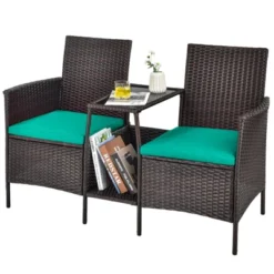 Tangkula Patio Loveseat 2 Person Cushioned Seats With Center Table Outdoor Rattan Furniture Set Turquoise/ Red -Garden & Outdoors GUEST 1dca8134 2cc8 4caf 8d7f 545fac7ad773