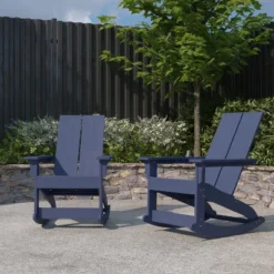Merrick Lane Set Of 2 Wellington UV Treated All-Weather Polyresin Adirondack Rocking Chair For Patio, Sunroom, Deck And More