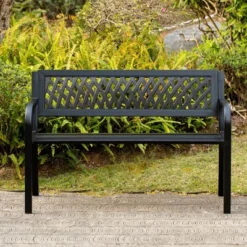 Gardenised Outdoor Steel 47 Park Bench For Yard, Patio, Garden And Deck, Black Weather Resistant Porch Bench, Park Seating -Garden & Outdoors GUEST 2045f2a7 a109 4fb7 bf13 6d692dbee5f1
