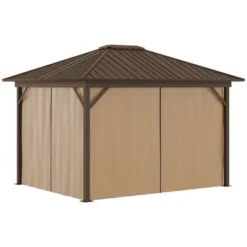 Outsunny 11.9" X 9.8" Hardtop Gazebo With Curtains And Netting, Permanent Pavilion Metal Roof Gazebo Canopy With Aluminum Frame And Top Hook, Brown 9 Outsunny 11.9" X 9.8" Hardtop Gazebo With Curtains And Netting, Permanent Pavilion Metal Roof Gazebo Canopy With Aluminum Frame And Top Hook, Brown -Garden & Outdoors GUEST 22bd628b e540 4a29 a0d9 f3335745b14f