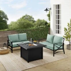 Kaplan 3pc Outdoor Conversation Set With Fire Table & 2 Loveseats - Mist - Crosley -Garden & Outdoors GUEST 24fde904 f843 4fd7 9636 da2f80090d38