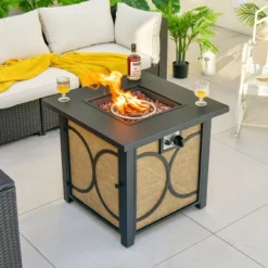 Costway 28 Inch Square Propane Gas Fire Pit Table With Fire Glasses &Rain Cover 50,000 BTU
