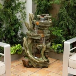 Cascading Stone Tower Fountain With Cool White LED Lights - Alpine Corporation