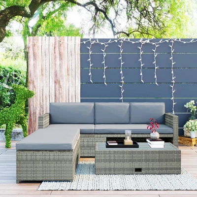 4pc Outdoor Wicker Conversation Sectional Set With Cushions - Gray - GODEER 3 4pc Outdoor Wicker Conversation Sectional Set With Cushions - Gray - GODEER