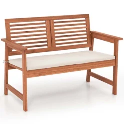 Costway Patio Bench Outdoor Solid Wood Loveseat Chair With Backrest & Cushion Porch Garden -Garden & Outdoors GUEST 2a2e5de4 27fd 4ec2 929c 7b0157baf48a