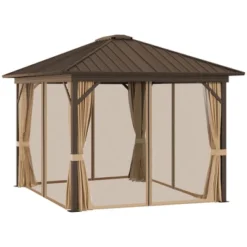 Outsunny 11.9" X 9.8" Hardtop Gazebo With Curtains And Netting, Permanent Pavilion Metal Roof Gazebo Canopy With Aluminum Frame And Top Hook, Brown 10 Outsunny 11.9" X 9.8" Hardtop Gazebo With Curtains And Netting, Permanent Pavilion Metal Roof Gazebo Canopy With Aluminum Frame And Top Hook, Brown -Garden & Outdoors GUEST 2e8389e4 0010 4d88 a87e 911d0431675b