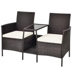 Tangkula Patio Loveseat 2 Person Cushioned Seats With Center Table Outdoor Rattan Furniture Set Turquoise/ Red -Garden & Outdoors GUEST 307176b6 9b16 4667 a45b feb0d73560b5