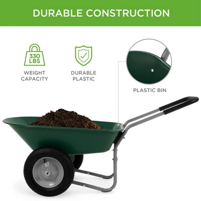 Best Choice Products Dual-Wheel Home Wheelbarrow Yard Garden Cart For Lawn, Construction - Green 4 Best Choice Products Dual-Wheel Home Wheelbarrow Yard Garden Cart For Lawn, Construction - Green - Image 2