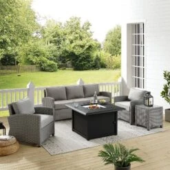Bradenton 5pc Wicker Sofa Set With Fire Table - Gray - Crosley -Garden & Outdoors GUEST 3622b66b cfa6 4fa8 9a9f 039f5bf0f745