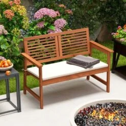 Costway Patio Bench Outdoor Solid Wood Loveseat Chair With Backrest & Cushion Porch Garden -Garden & Outdoors GUEST 3b8e00c2 1a47 448f a378 14b89ea7f583