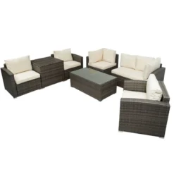 7pc Wicker Patio Set With Cushions & Storage Box - Gray/Beige - GODEER -Garden & Outdoors GUEST 3ce846b6 8529 4db2 a7fd 2cc6356a48f5
