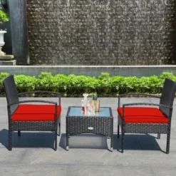 Tangkula 3 PCS Patio Wicker Rattan Furniture Set Coffee Table & 2 Rattan Chair W/ Cushion Red