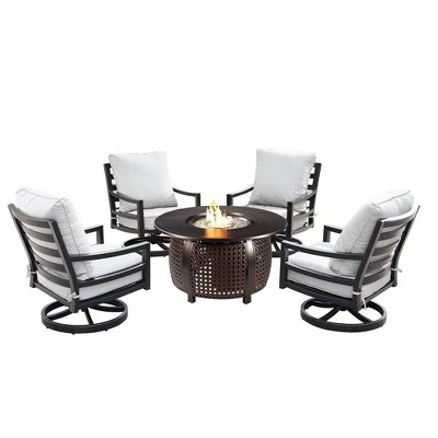 5pc Outdoor Fire Table Set With Weave 44" Round Fire Table, 4 Deep Seating Swivel Rocking Chairs & Table Fabric Covers - Oakland Living 3 5pc Outdoor Fire Table Set With Weave 44" Round Fire Table, 4 Deep Seating Swivel Rocking Chairs & Table Fabric Covers - Oakland Living