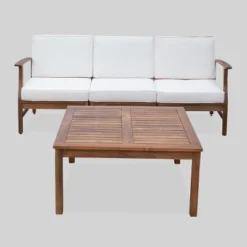 Perla 4pc Acacia Wood Sectional Sofa Set Teak/Cream - Christopher Knight Home