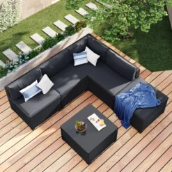 6pc Wicker Patio Conversation Set With Cushions - Black/Gray - GODEER -Garden & Outdoors GUEST 451f6379 8b0d 4f3f a29a 0204097a763b