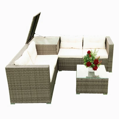 4pc Wicker Patio Sectional Seating Set With Cushions - Gray/Beige - GODEER 9 4pc Wicker Patio Sectional Seating Set With Cushions - Gray/Beige - GODEER - Image 7