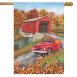 Briarwood Lane Autumn Bridge House Flag Fall Pickup Truck Covered Bridge 28" X 40"
