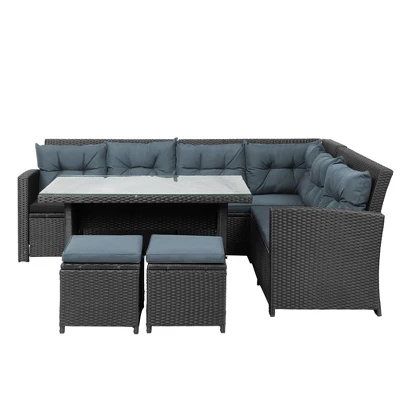 6pc Wicker Patio Conversation Set With Glass Table Ottomans & Cushions - Black/Dark Gray - GODEER 7 6pc Wicker Patio Conversation Set With Glass Table Ottomans & Cushions - Black/Dark Gray - GODEER - Image 5
