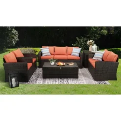 6pc Wicker Outdoor Conversation Set - Orange - EDYO LIVING