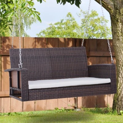 Outsunny 2-Person Wicker Hanging Porch Swing Bench Outdoor Chair With Cushions 3 Outsunny 2-Person Wicker Hanging Porch Swing Bench Outdoor Chair With Cushions