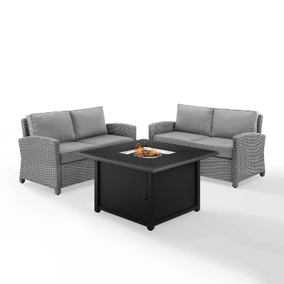 Bradenton 3pc Wicker Loveseat Set With Fire Table - Gray - Crosley 3 Bradenton 3pc Wicker Loveseat Set With Fire Table - Gray - Crosley