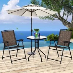 Costway 3PC Bistro Patio Garden Furniture Set 2 Folding Chairs Glass Table Top Steel -Garden & Outdoors GUEST 68947223 506d 4e16 b8bf c144b0384a48