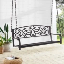 Costway 2-Person Metal Outdoor Porch Swing Hanging Patio Bench 485 Lbs Capacity BlackBrown -Garden & Outdoors GUEST 6a9dd632 6f15 4a23 a976 0cdc48d44077