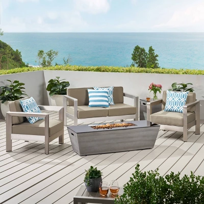 Amata 5pc Aluminum Chat Set With Fire Pit And Tank Holder - Silver/Khaki/Dark Gray - Christopher Knight Home 3 Amata 5pc Aluminum Chat Set With Fire Pit And Tank Holder - Silver/Khaki/Dark Gray - Christopher Knight Home