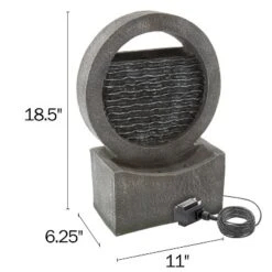 Round Cascade Outdoor Fountain - 18.5-Inch Modern Polyresin Waterfall With Stone Wall Design And LED Lights For Outdoor Decor By Nature Spring (Gray)