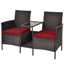 Tangkula Patio Loveseat 2 Person Cushioned Seats With Center Table Outdoor Rattan Furniture Set Turquoise/ Red -Garden & Outdoors GUEST 70820560 b4e5 4f6f beb5 d9159157cd66