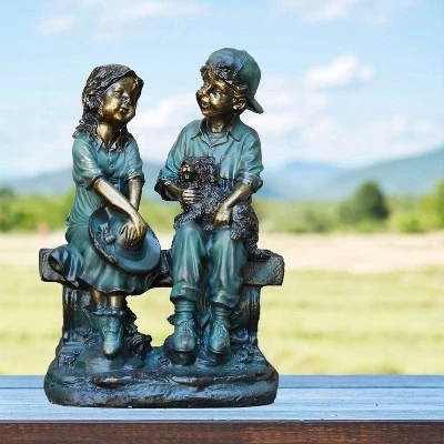 16" Polyresin Girl And Boy With Dog Sitting On Bench Sculpture Bronze - Alpine Corporation 3 16" Polyresin Girl And Boy With Dog Sitting On Bench Sculpture Bronze - Alpine Corporation