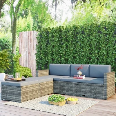 4pc Outdoor Wicker Conversation Sectional Set With Cushions - Gray - GODEER 4 4pc Outdoor Wicker Conversation Sectional Set With Cushions - Gray - GODEER - Image 2