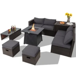 Tangkula 9PCS Outdoor Patio Furniture Set With 30" Propane Fire Pit Table PE Wicker Space-Saving Sectional Sofa Set W/ Storage Box & Cushions -Garden & Outdoors GUEST 77f1c9ad a4d5 4201 9709 d012efe6db5d