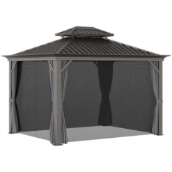 Outsunny Patio Gazebo 10' X 12', Netting & Curtains, 2 Tier Double Vented Steel Roof, Hardtop, Ceiling Hooks, Rust Proof Aluminum, Gray 9 Outsunny Patio Gazebo 10' X 12', Netting & Curtains, 2 Tier Double Vented Steel Roof, Hardtop, Ceiling Hooks, Rust Proof Aluminum, Gray -Garden & Outdoors GUEST 7ad8841c 3dec 4ff2 9ab5 23ef303cf76c