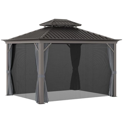 Outsunny Patio Gazebo 10' X 12', Netting & Curtains, 2 Tier Double Vented Steel Roof, Hardtop, Ceiling Hooks, Rust Proof Aluminum, Gray 5 Outsunny Patio Gazebo 10' X 12', Netting & Curtains, 2 Tier Double Vented Steel Roof, Hardtop, Ceiling Hooks, Rust Proof Aluminum, Gray - Image 3