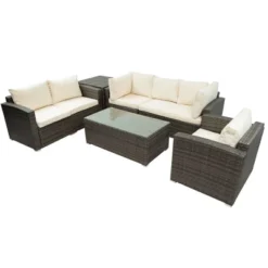 7pc Wicker Patio Set With Cushions & Storage Box - Gray/Beige - GODEER -Garden & Outdoors GUEST 7ae3a558 b8ab 4515 aa99 90ae03f8f220