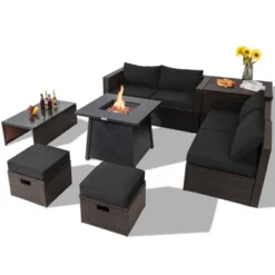 Tangkula 9PCS Outdoor Patio Furniture Set With 30" Propane Fire Pit Table PE Wicker Space-Saving Sectional Sofa Set W/ Storage Box & Cushions -Garden & Outdoors GUEST 7afd4ac9 419a 4ce2 ba1c 9ee5d0ddeed7