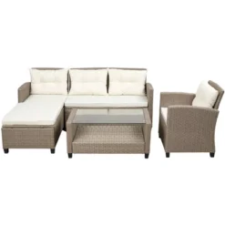 4pc Wicker Patio Conversation Seating Set With Cushions - Beige/Brown - GODEER -Garden & Outdoors GUEST 84e307d6 c22f 4c52 830c 8dedb79eadd6
